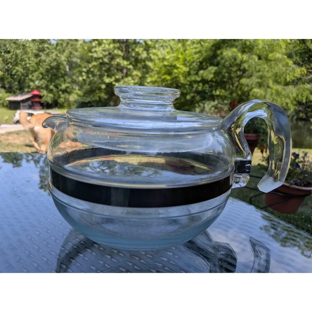Vtg PYREX Flame Ware 8446-B Glass Stove Top Coffee/Tea Pot Kettle With Lid Band